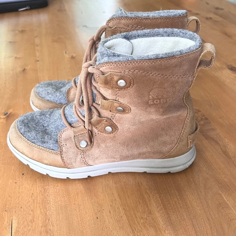Sorel Explorer Joan Waterproof Suede Felt Winter Boots Tan Grey  Womens 8.5